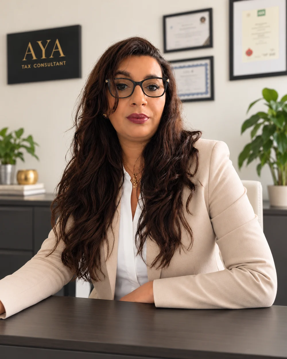AI-edited portrait of Andreea Nae in an AYA-branded office setting