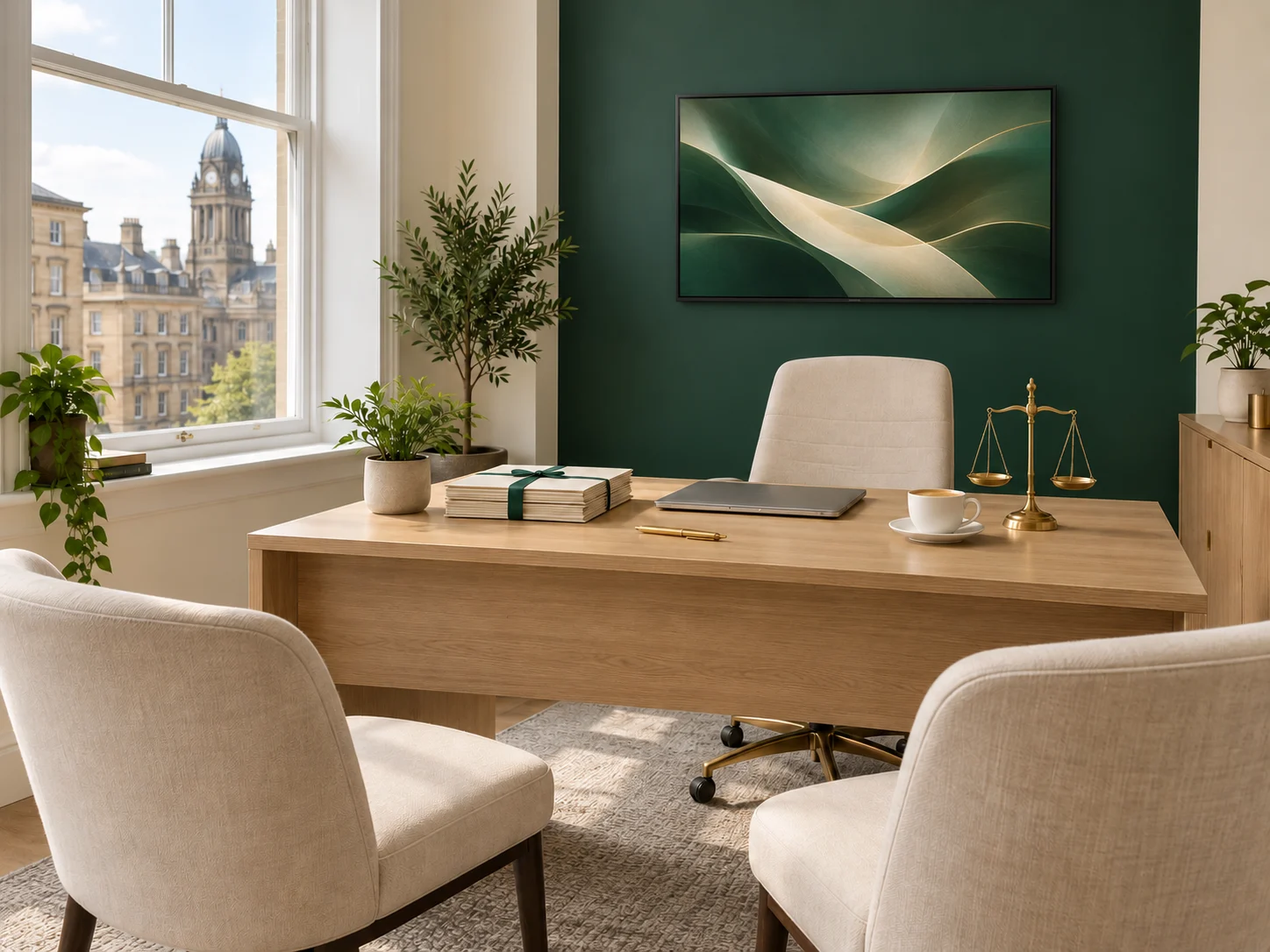 Meeting room: an oak desk by a bright window and two cream chairs